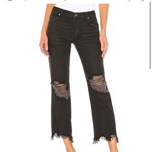 Free People Black Distressed Straight Leg Jeans